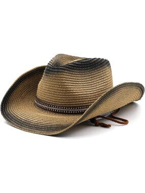 Unisex Khaki Black Straw Wide Brim Fedora Summer Sun Cowboy Cowgirl Western Hat